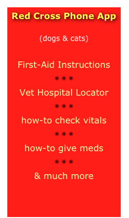 Red Cross Phone App

(dogs & cats)

First-Aid Instructions
✺ ✺ ✺
Vet Hospital Locator
✺ ✺ ✺
how-to check vitals
✺ ✺ ✺
how-to give meds
✺ ✺ ✺
& much more
